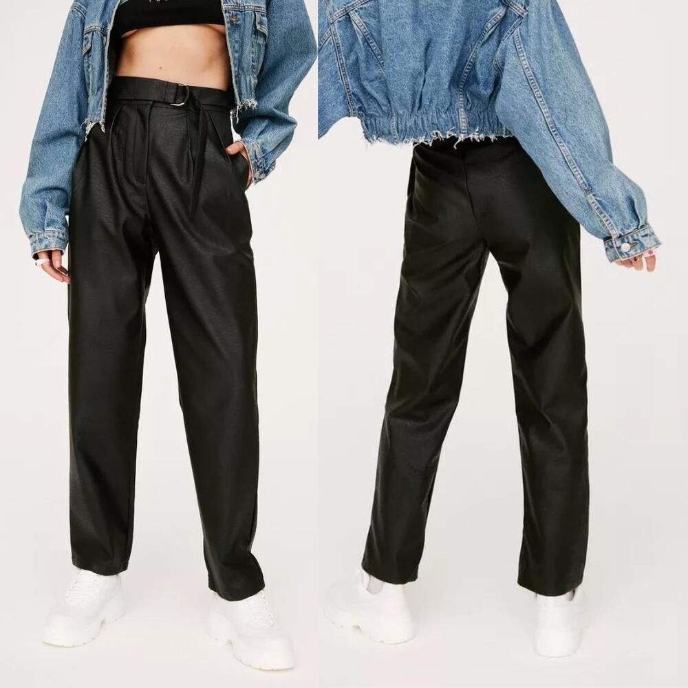 Nasty Gal | Black Faux Leather Relax Fit High Waist Tie Belt Straight Leg Pants